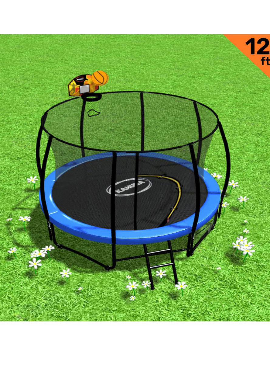 Kahuna 12ft Round Trampoline with Blue Padding Safety Net Basketball Hoop Info Image 1