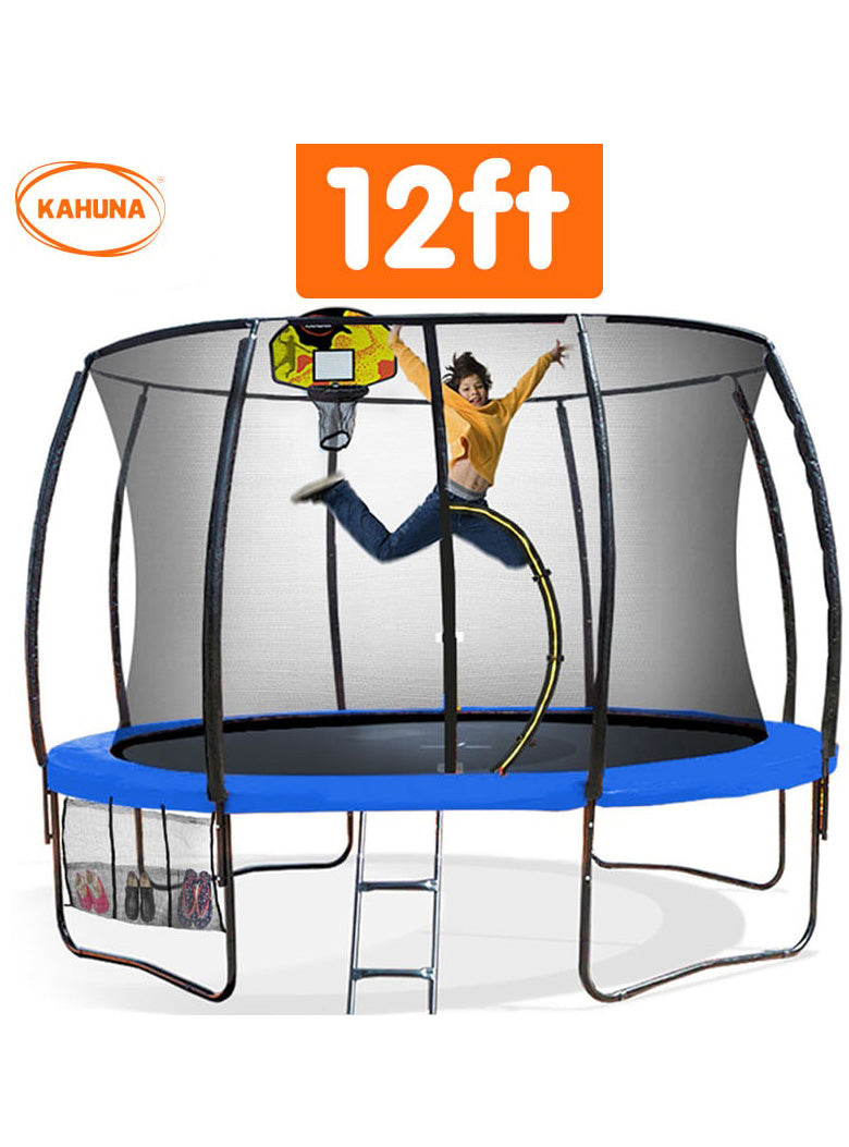 Kahuna 12ft Round Trampoline with Blue Padding Safety Net Basketball Hoop Info Image 2
