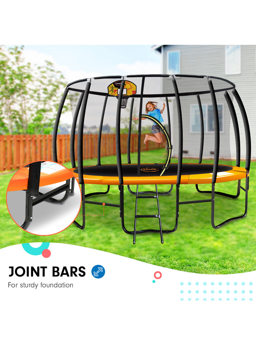 Kahuna 12ft Round Trampoline with Orange Padding Safety Net Basketball Hoop Info Image 2
