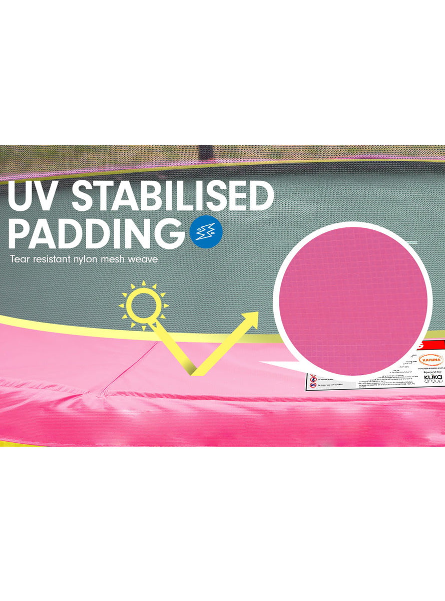 Kahuna 12ft Round Trampoline with Pink Padding and Safety Net Info Image 3