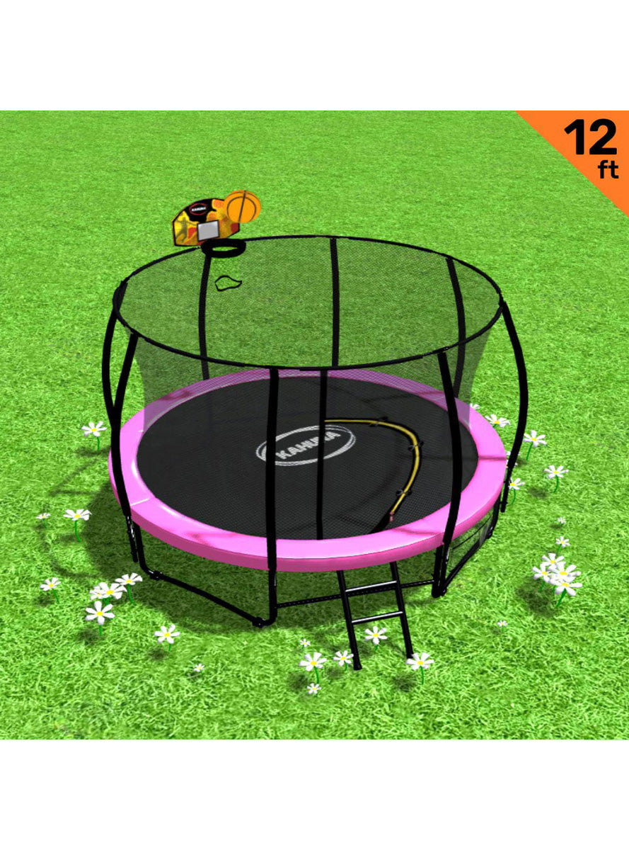 Kahuna 12ft Round Trampoline with Pink Padding Safety Net Basketball Hoop Info Image 1