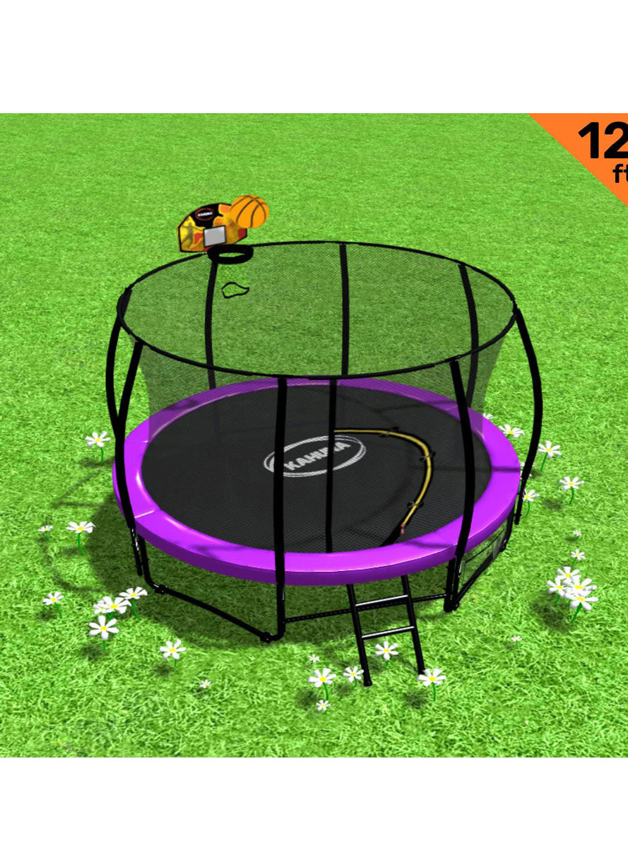 Kahuna 12ft Round Trampoline with Purple Padding Safety Net Basketball Hoop Info Image 1
