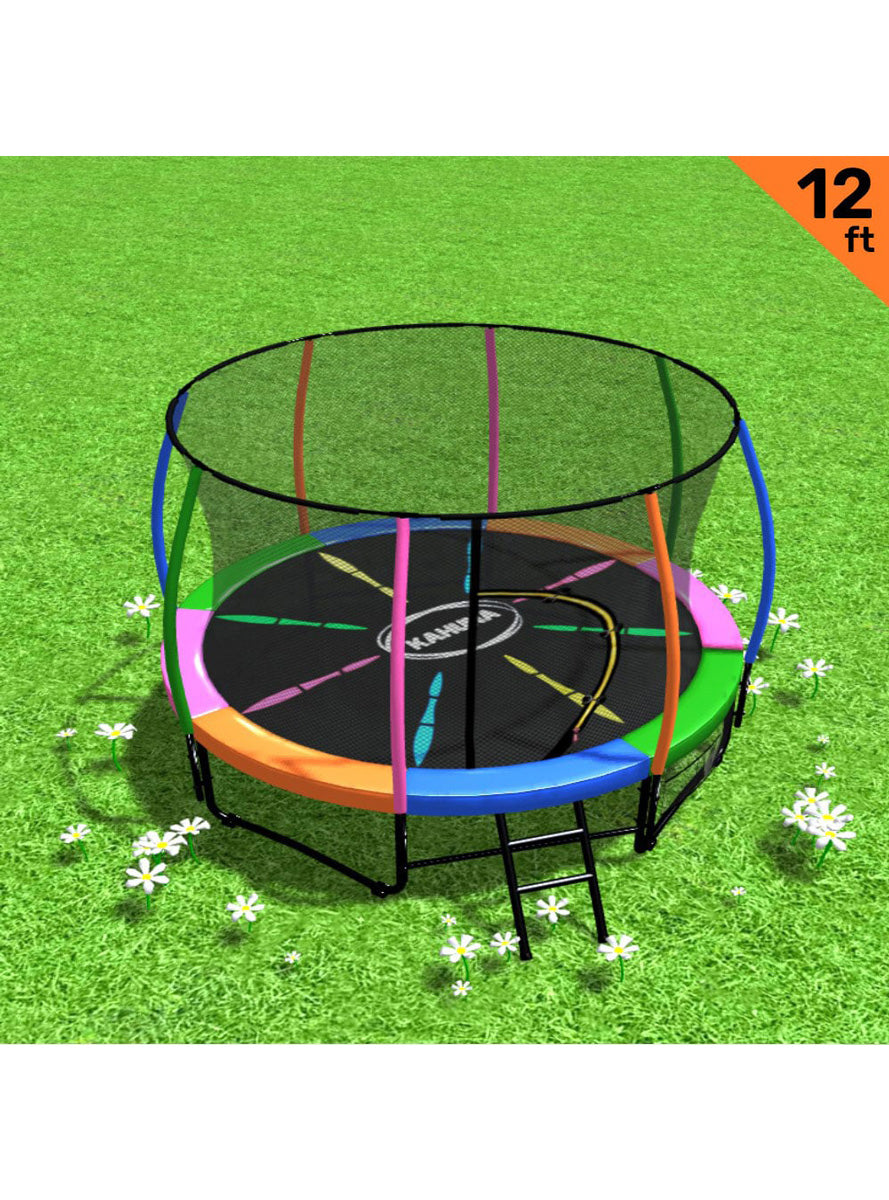 Kahuna 12ft Round Trampoline with Rainbow Padding and Safety Net Info Image 1