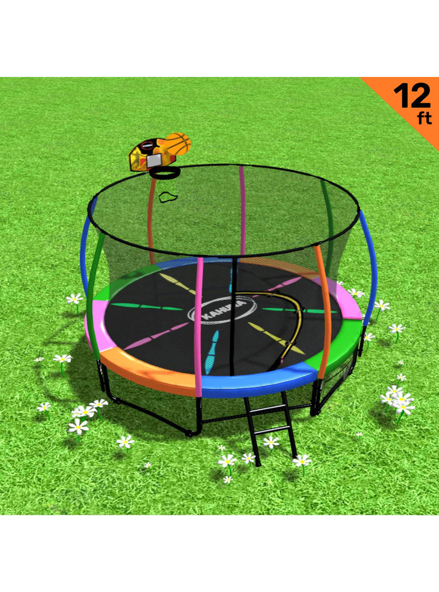 Kahuna 12ft Round Trampoline with Rainbow Padding Safety Net Basketball Hoop Info Image 1
