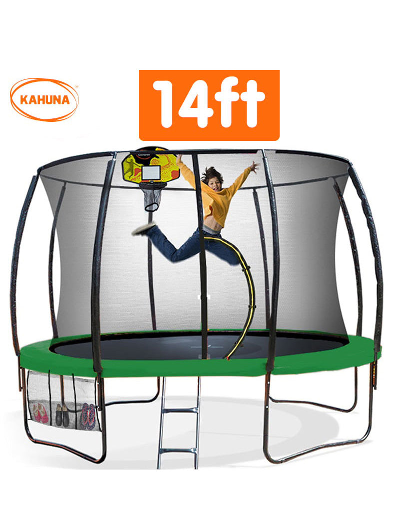 14 Foot Round Trampoline With Basketball Hoop And Green Padding - Info Image