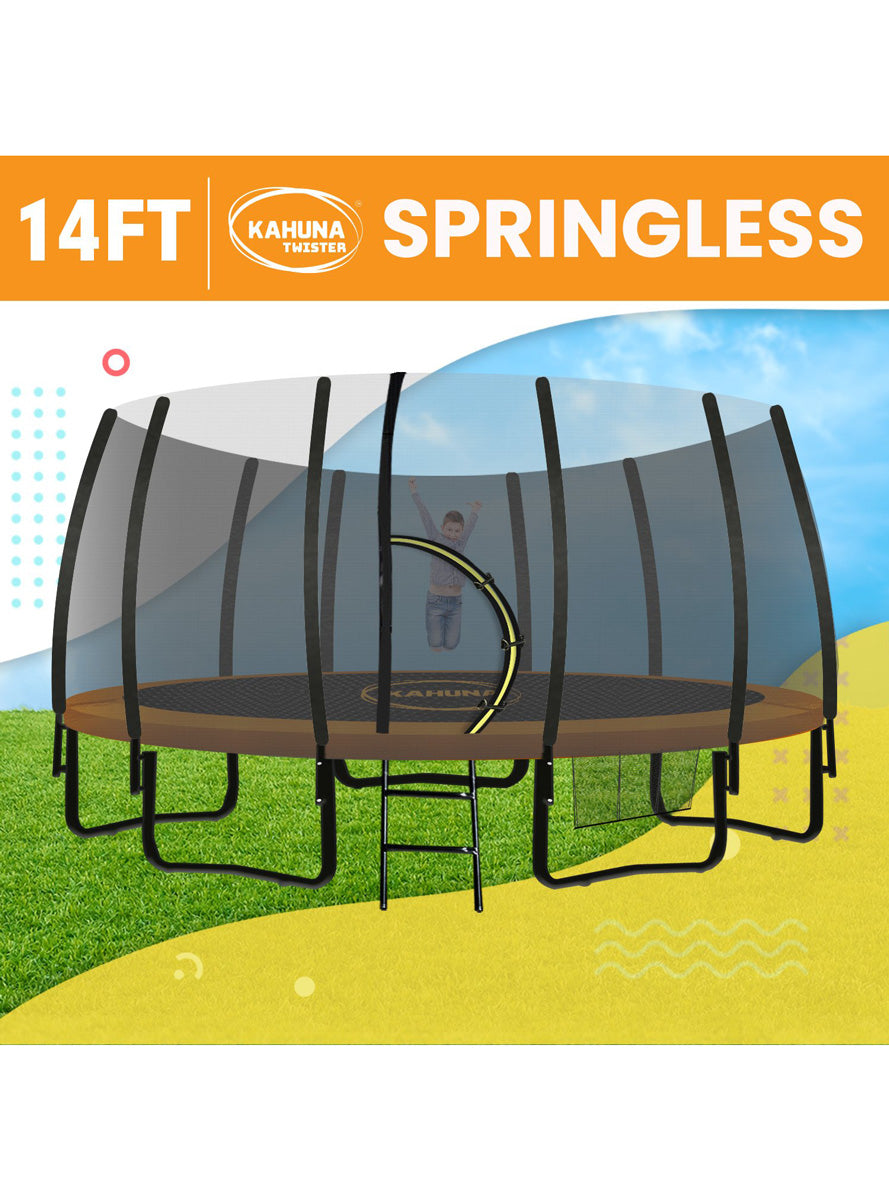 Kahuna 14ft Round Springless Trampoline with Safety Net and Orange Padding Info Image 1
