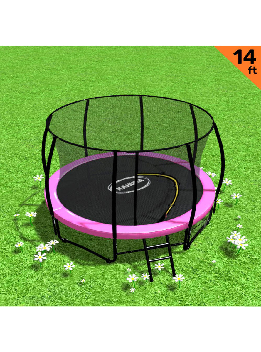 Kahuna 14ft Round Trampoline with Pink Padding and Safety Net Info Image 1