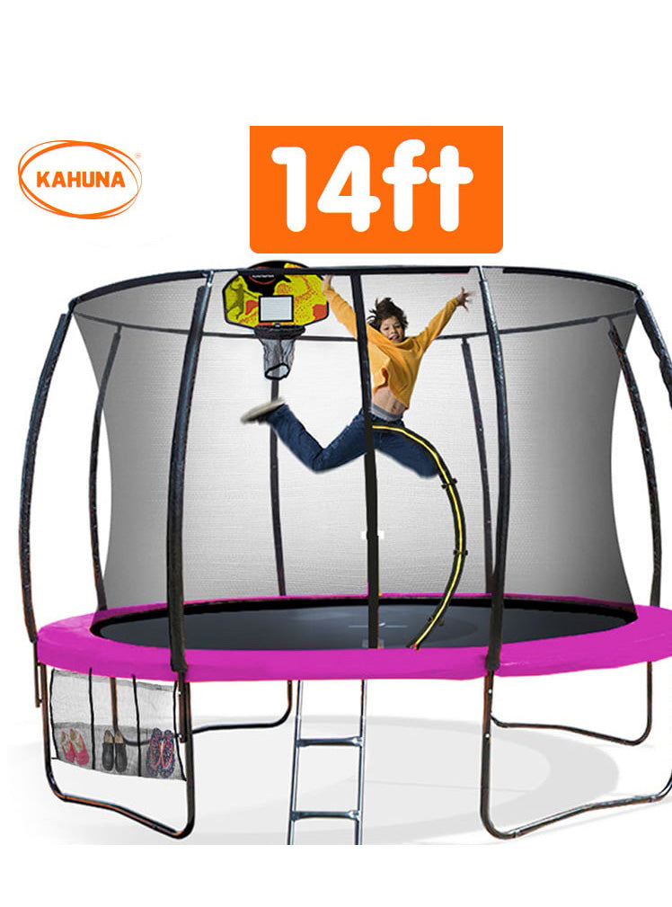 Kahuna 14ft Round Trampoline with Pink Padding Safety Net Basketball Hoop Info Image 2