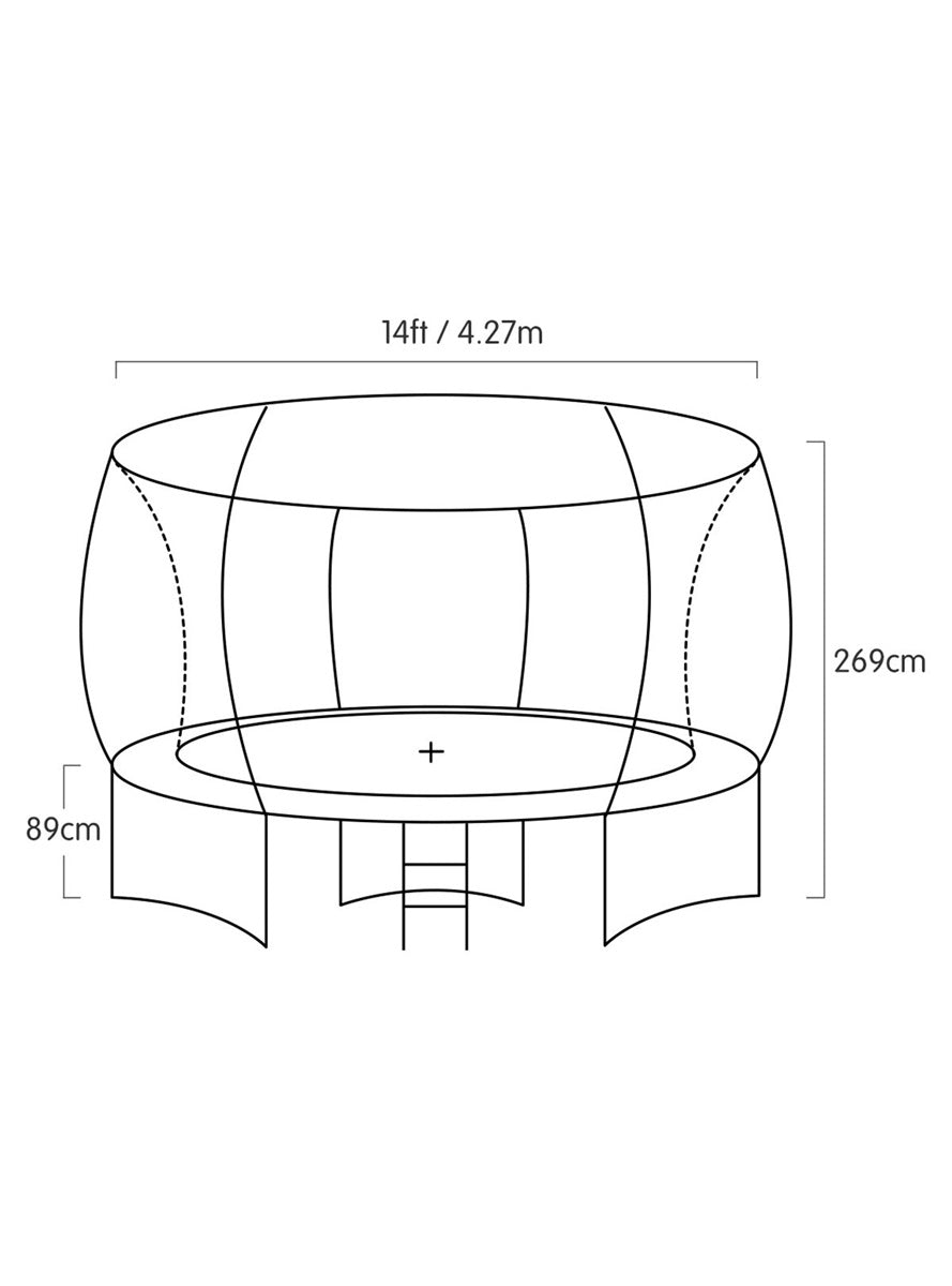 Kahuna 14ft round trampoline with purple padding, safety net and basketball hoop - dimensions image