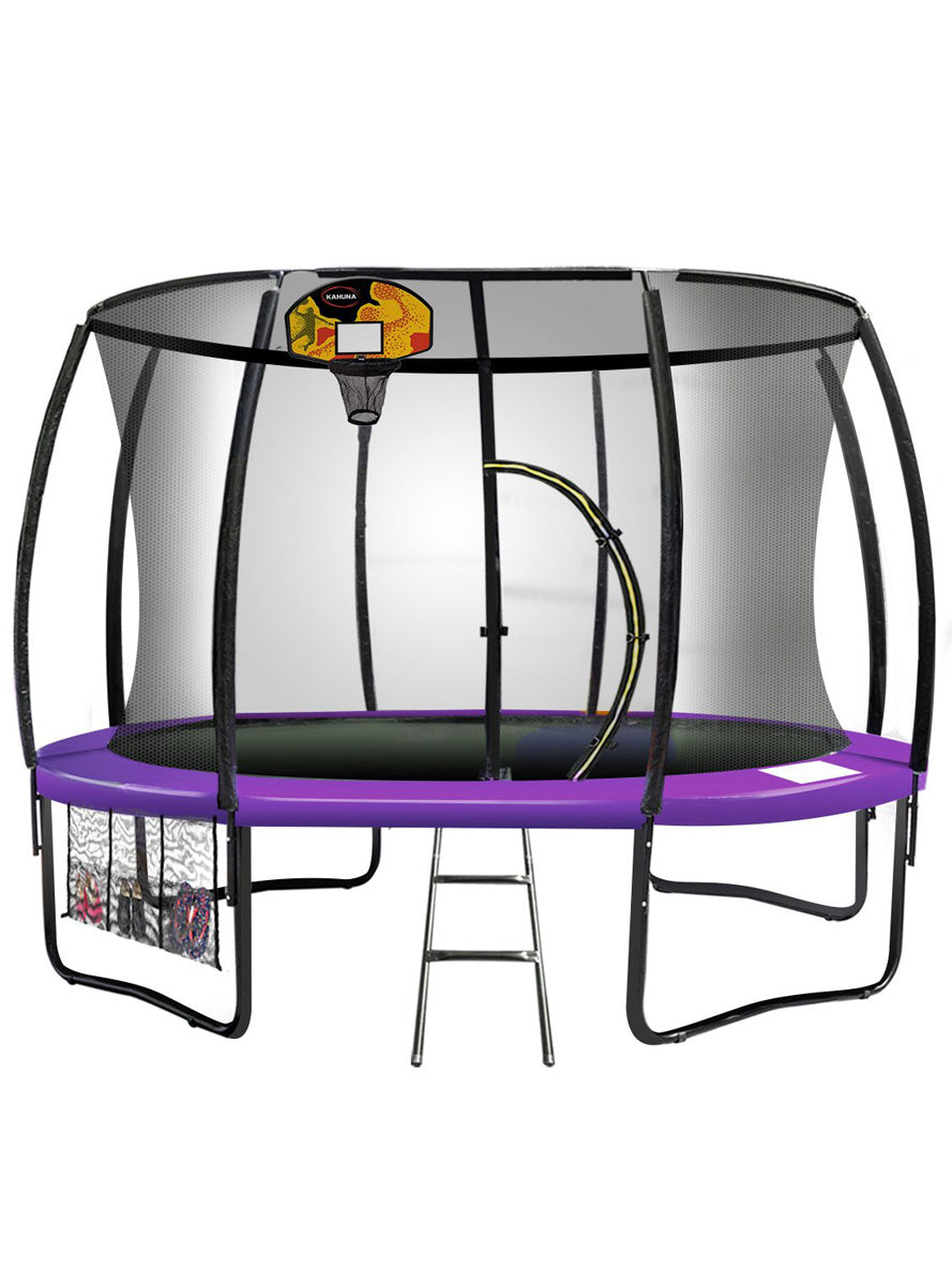 Kahuna 14ft round trampoline with purple padding, safety net and basketball hoop - main image