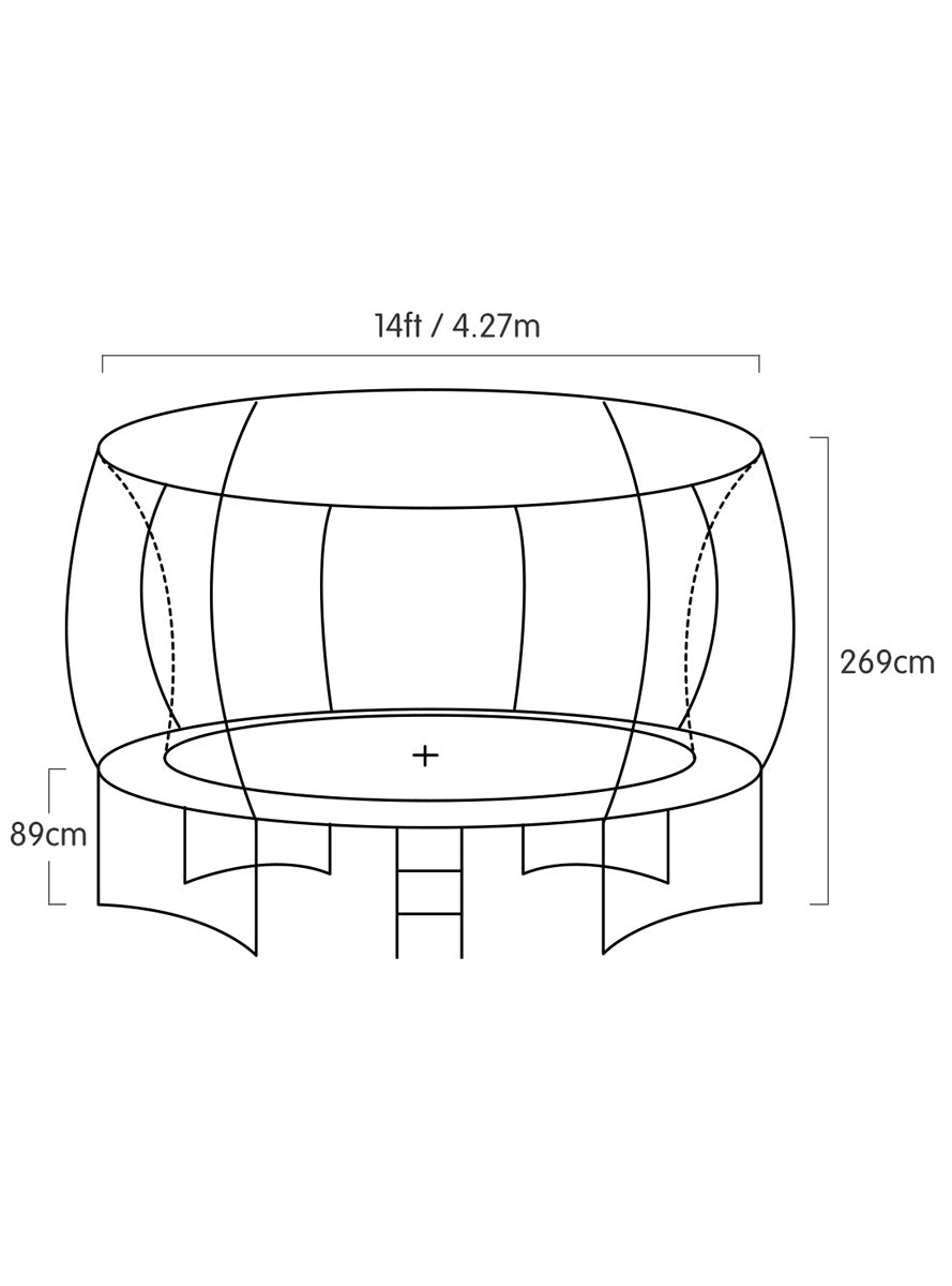 Kahuna 14ft round trampoline with rainbow padding and safety net - dimensions image