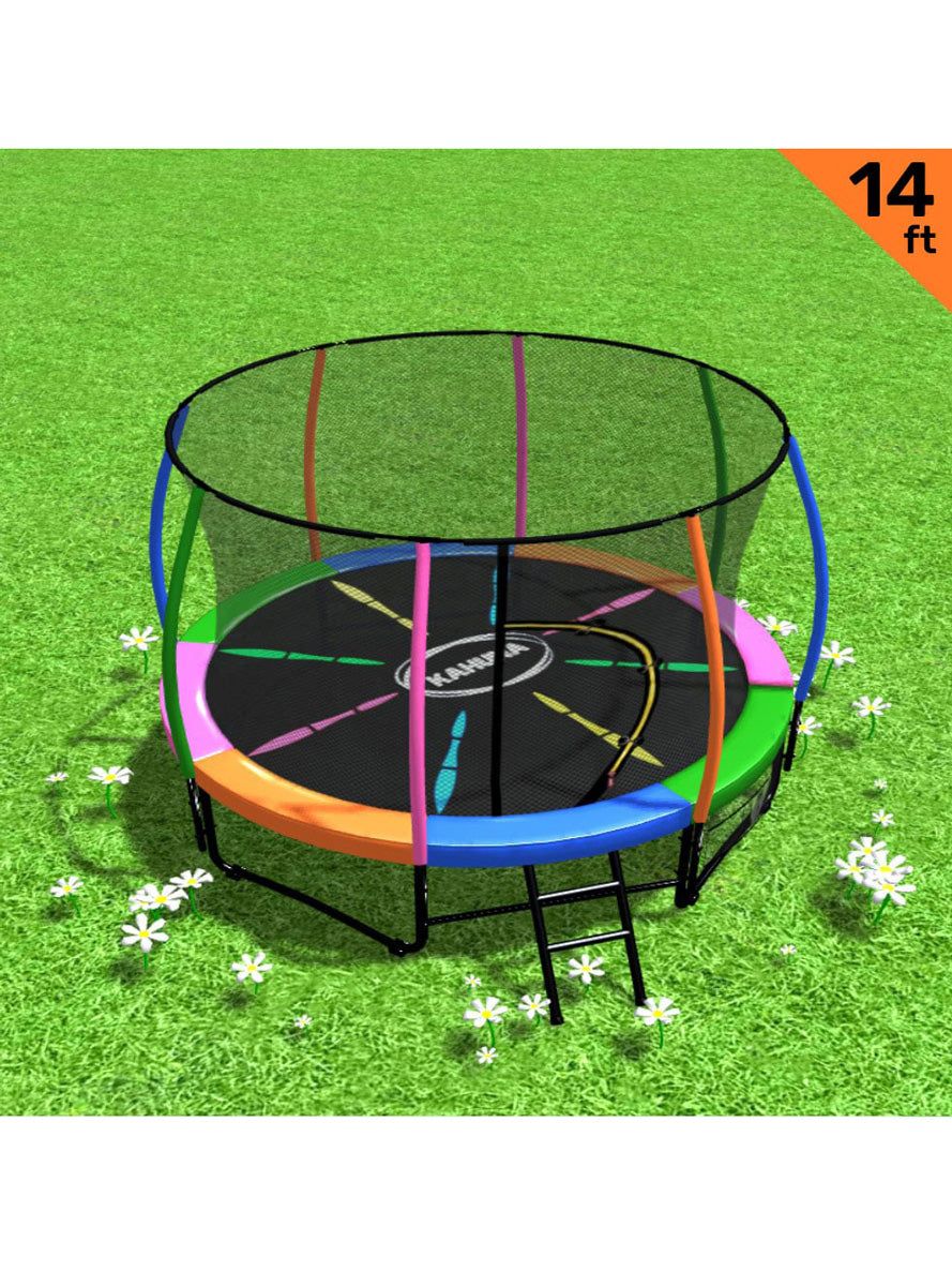 Kahuna 14ft round trampoline with rainbow padding and safety net - info image 1