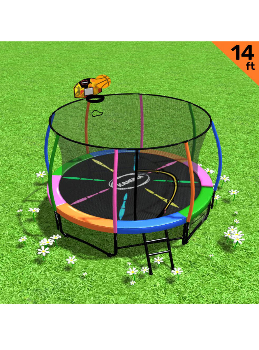 Kahuna 14ft round trampoline with rainbow padding, safety net and basketball hoop - info image 1