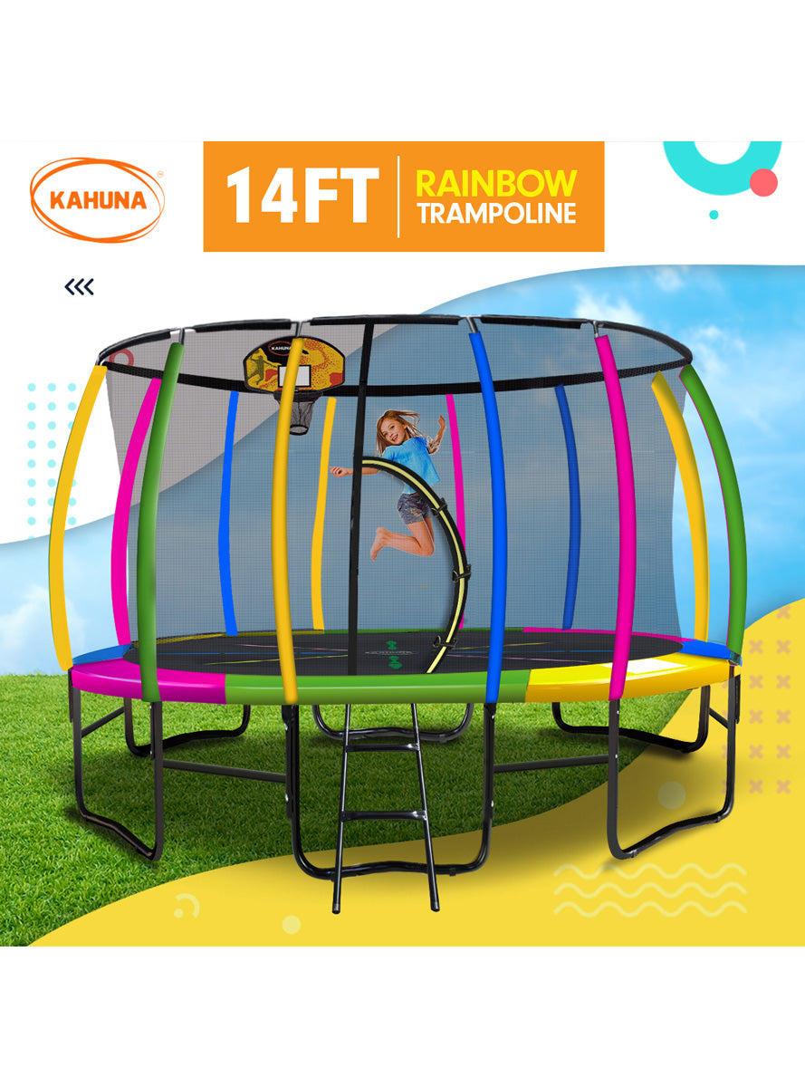 Kahuna 14ft round trampoline with rainbow padding, safety net and basketball hoop - info image 2