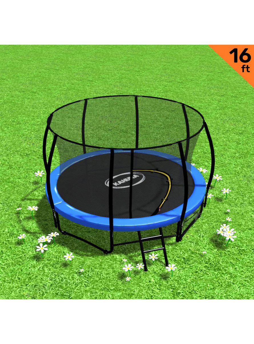 Kahuna 16ft round trampoline with blue padding and safety net - info image 1