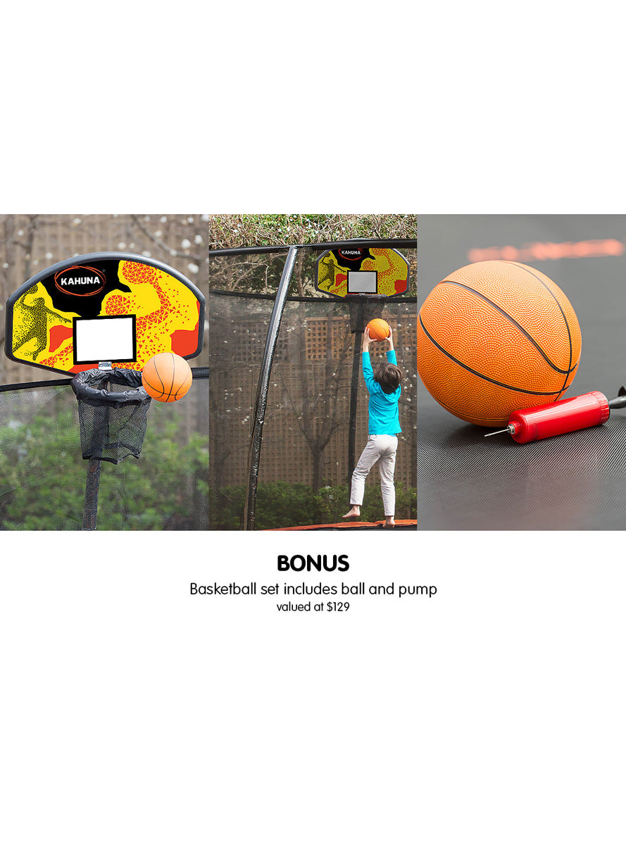 Kahuna 16ft round trampoline with blue padding, safety net and basketball hoop - info image 3
