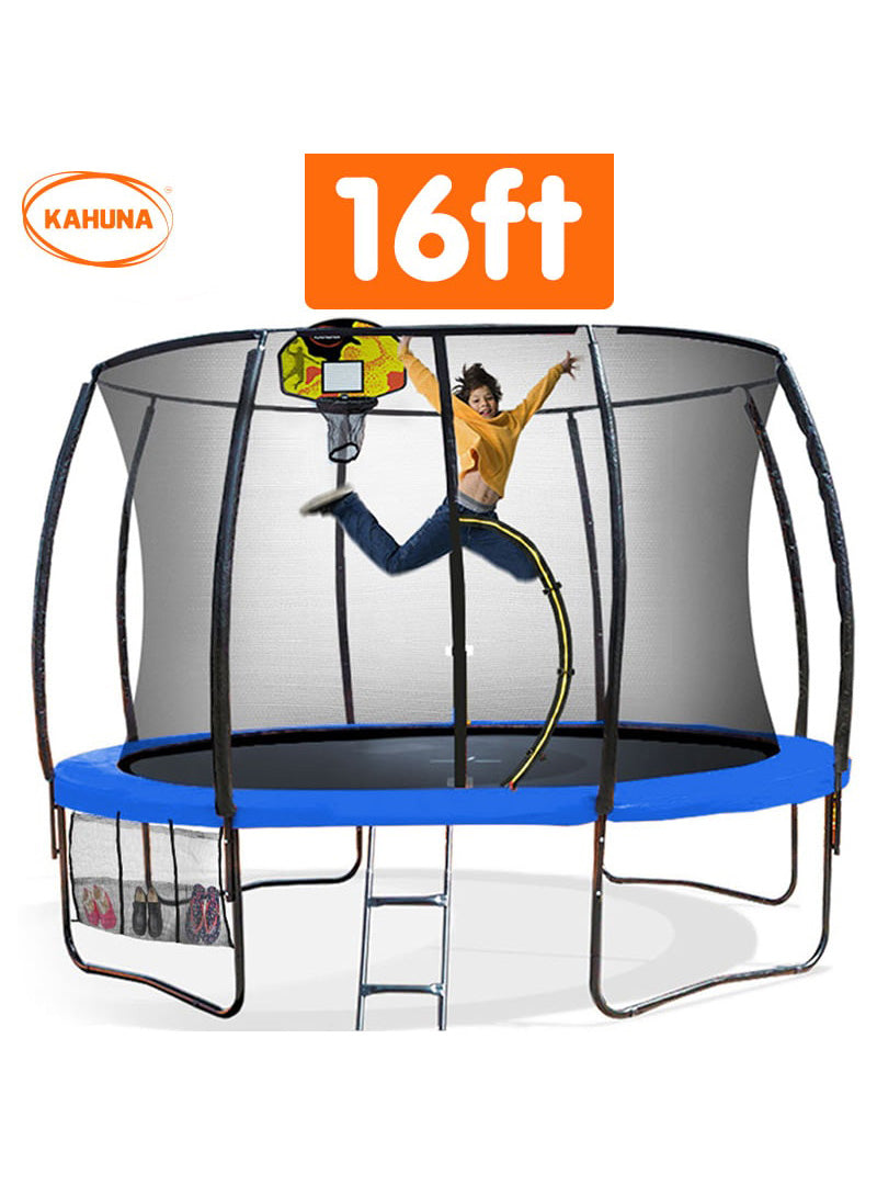 Kahuna 16ft round trampoline with blue padding, safety net and basketball hoop - info image