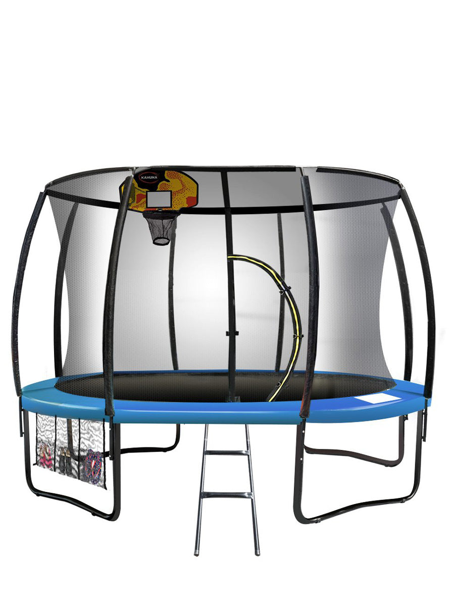 Kahuna 16ft round trampoline with blue padding, safety net and basketball hoop - main image