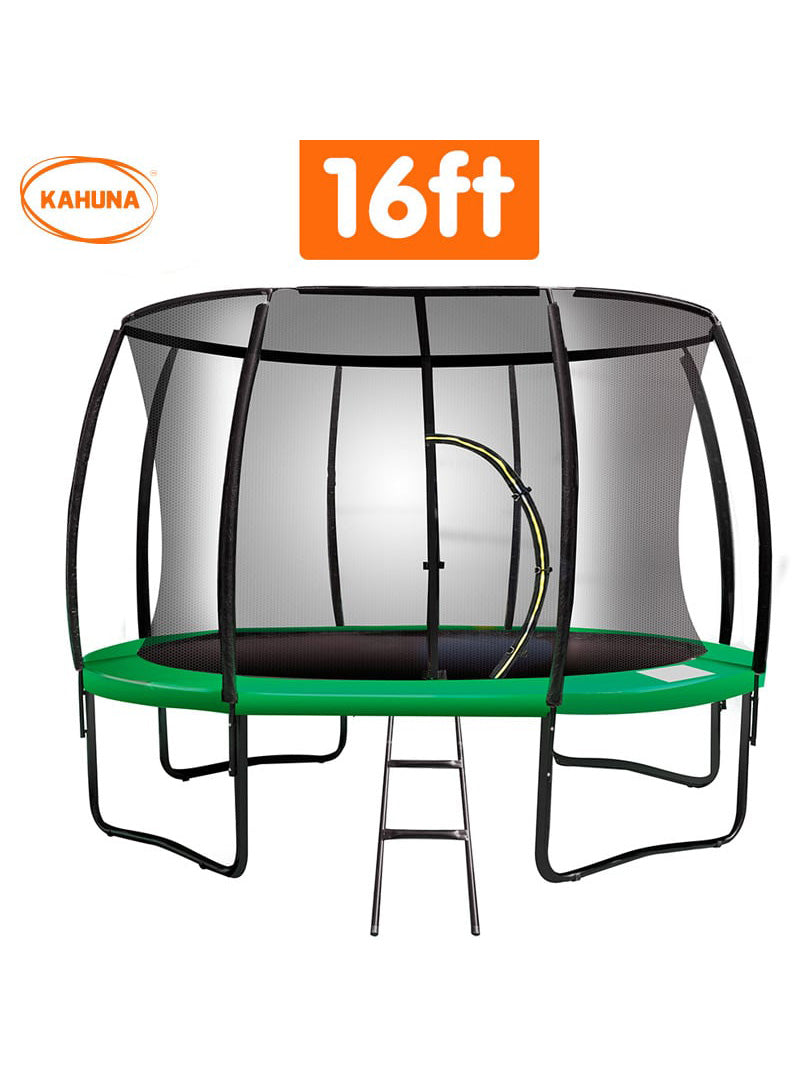 Kahuna 16ft round trampoline with green padding and safety net - info image 2