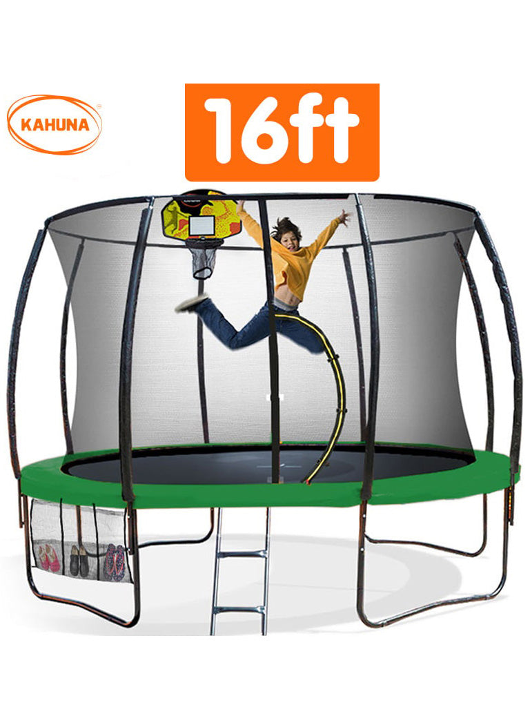 Kahuna 16ft round trampoline with green padding, safety net and basketball hoop - info image 2