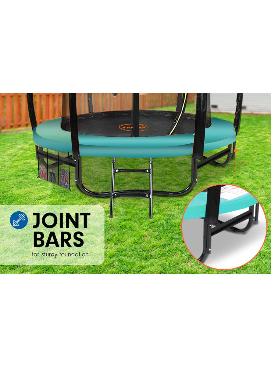 Kahuna 16ft round trampoline with green padding, safety net and basketball hoop - info image 3