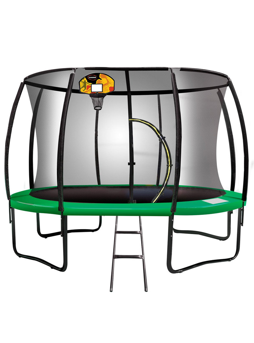 Kahuna 16ft round trampoline with green padding, safety net and basketball hoop - main image
