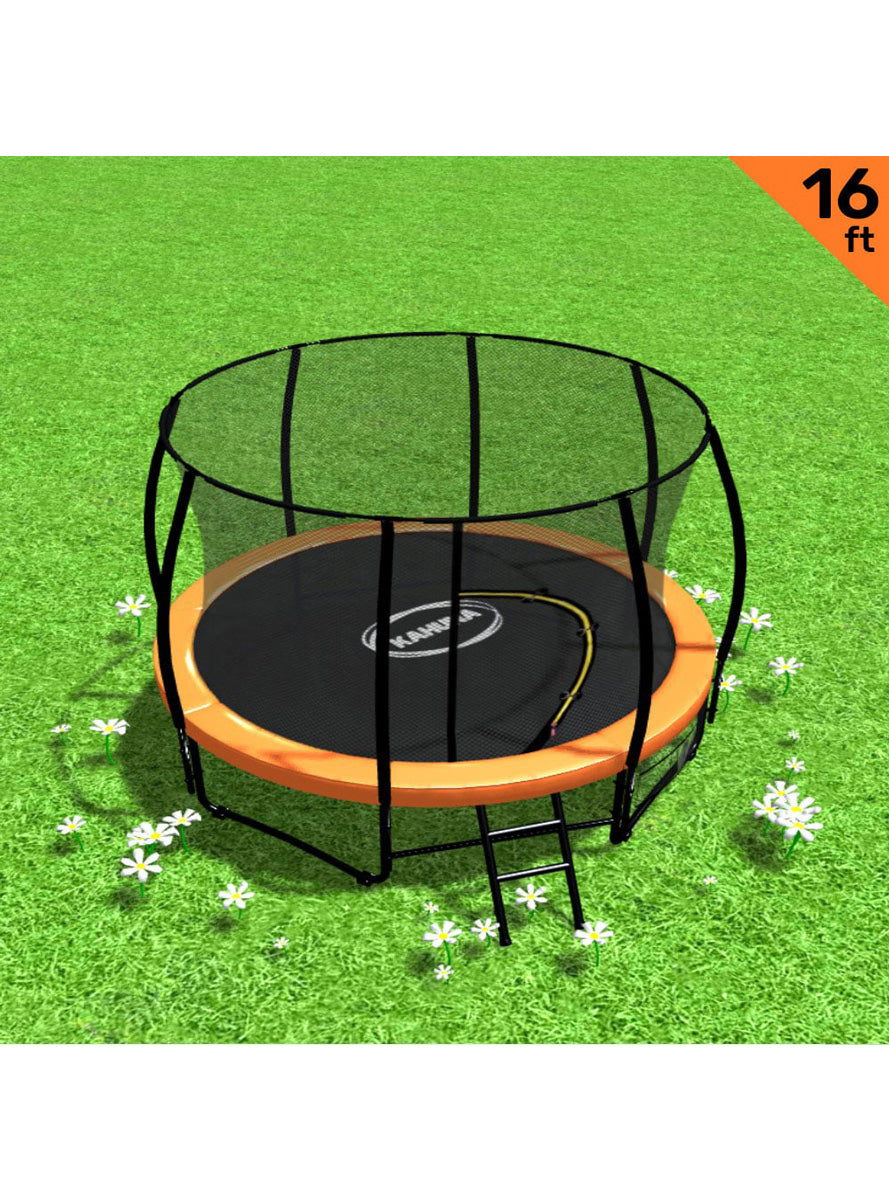 Kahuna 16ft round trampoline with orange padding and safety net - info image 1