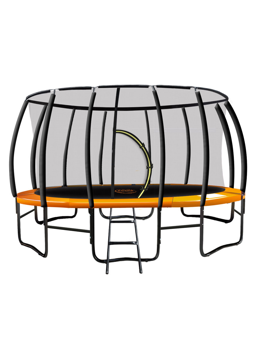 Kahuna 16ft round trampoline with orange padding and safety net - main image