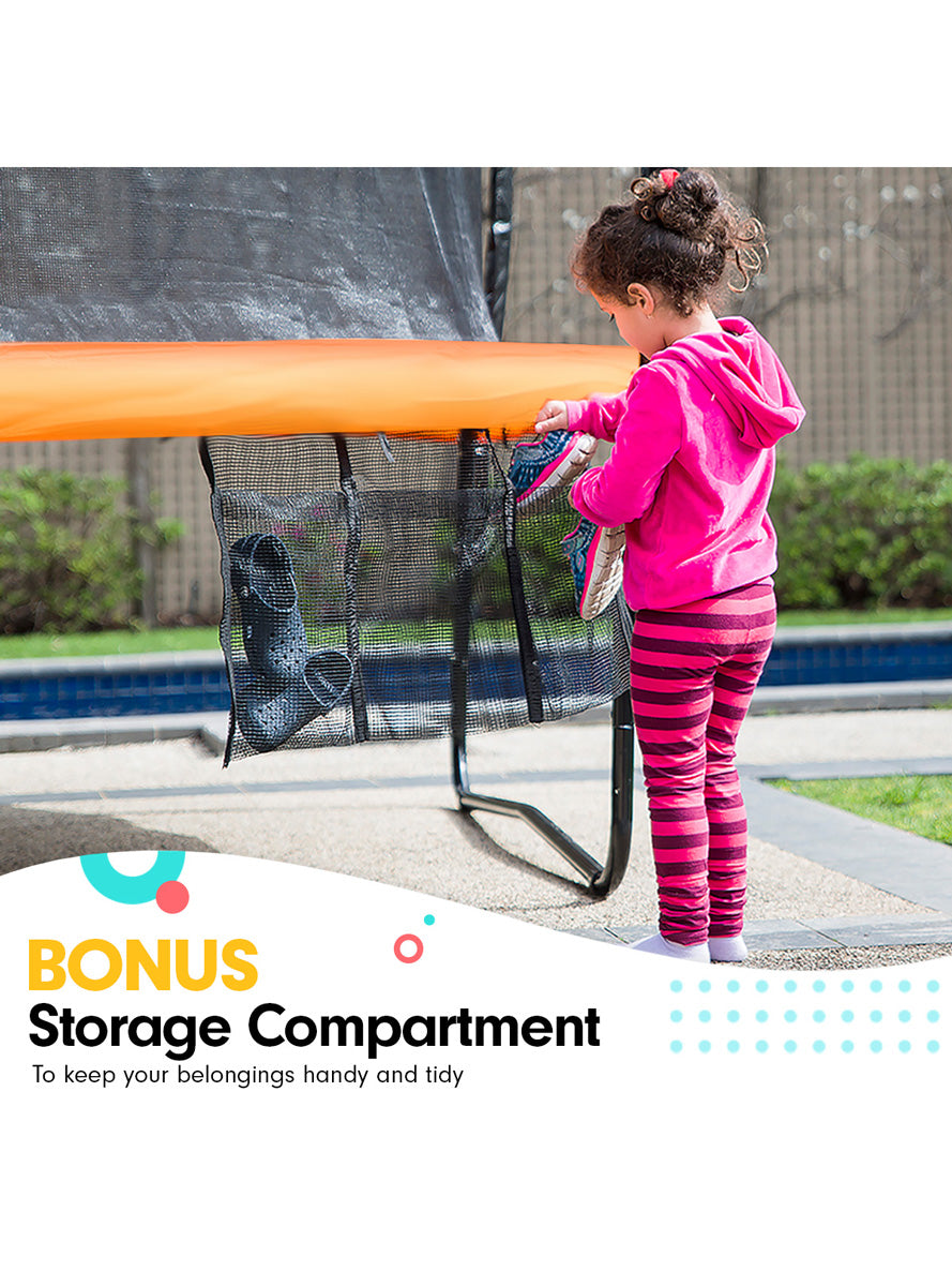 Kahuna 16ft round trampoline with orange padding, safety net and basketball hoop - info image 4