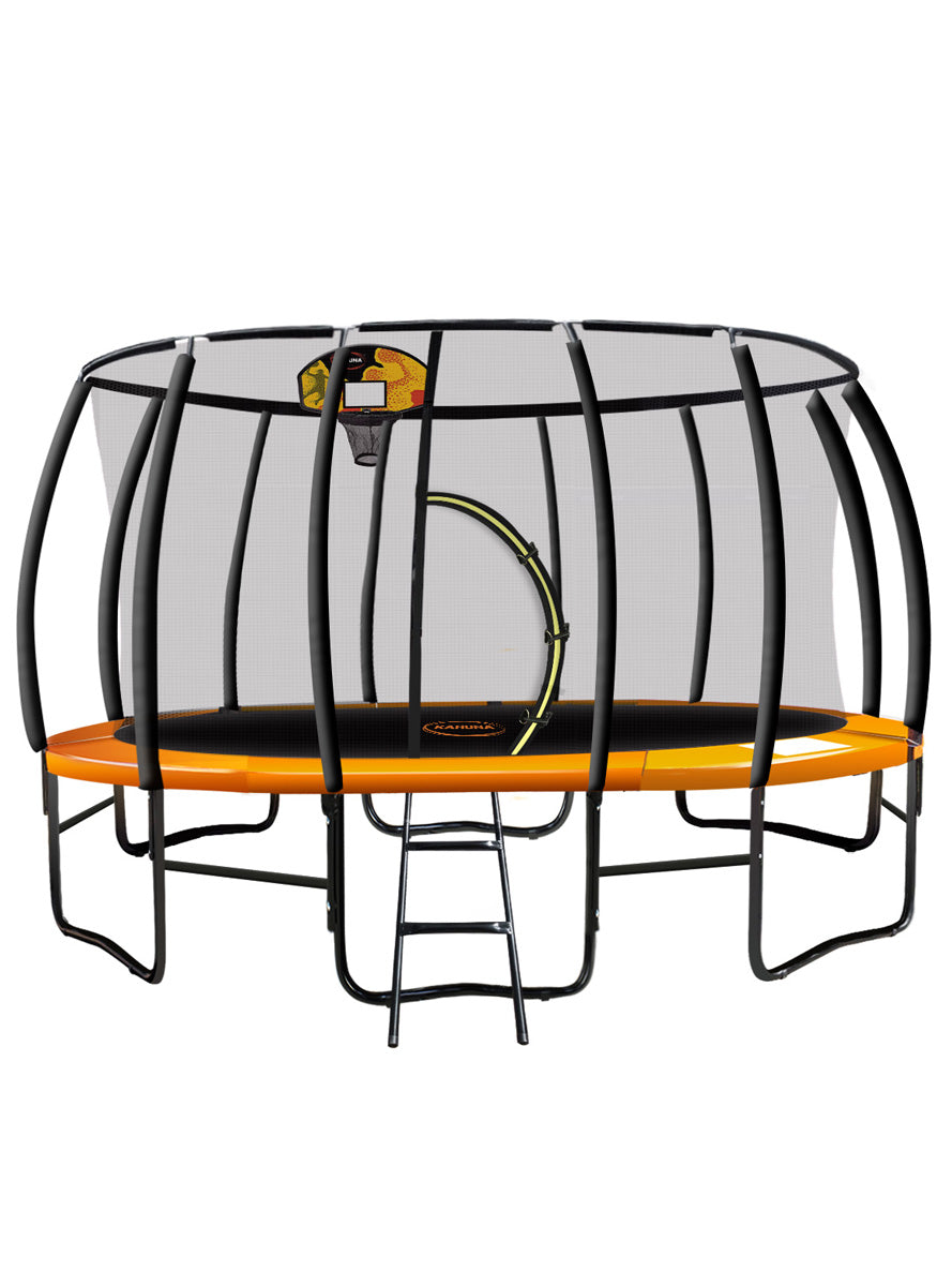 Kahuna 16ft round trampoline with orange padding, safety net and basketball hoop - main image