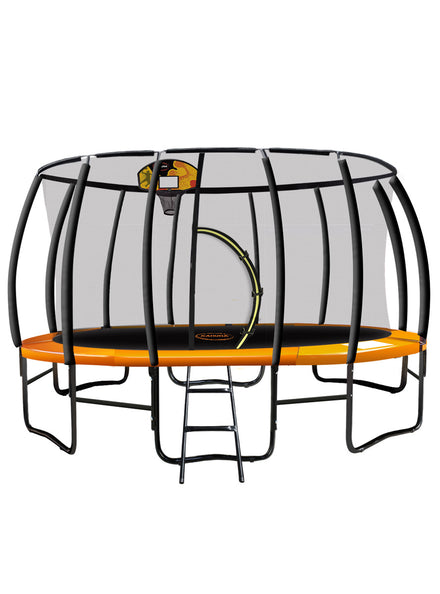 Kahuna 16ft round trampoline with orange padding, safety net and basketball hoop - main image
