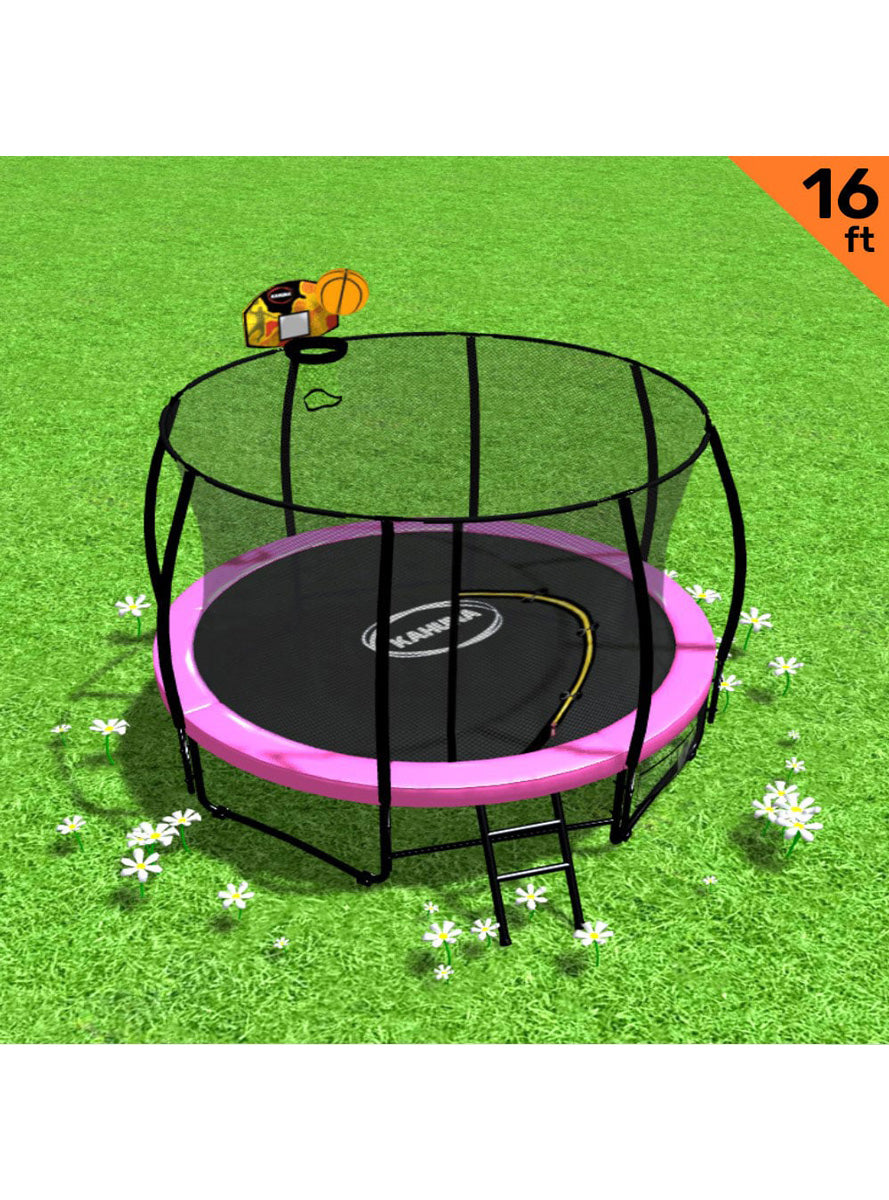 Kahuna 16ft round trampoline with pink padding, safety net and basketball hoop - info image 1