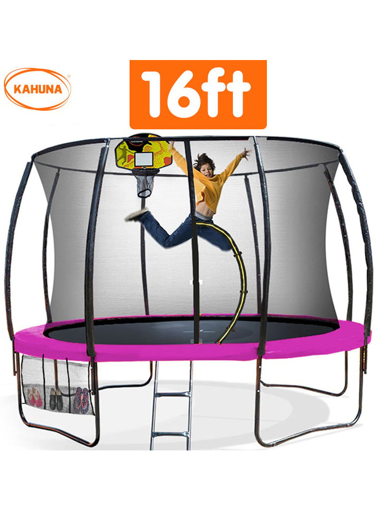 Kahuna 16ft round trampoline with pink padding, safety net and basketball hoop - info image 2