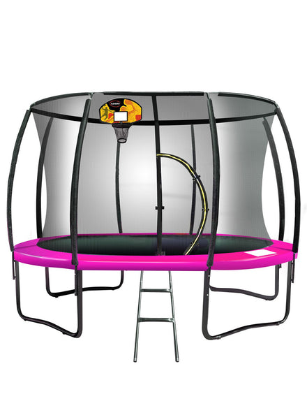 Kahuna 16ft round trampoline with pink padding, safety net and basketball hoop - main image