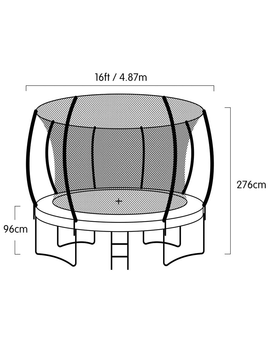 Kahuna 16ft round trampoline with purple padding and safety net - dimensions image