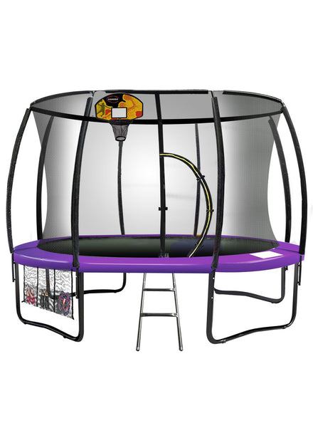Kahuna 16ft round trampoline with purple padding, safety net and basketball hoop - main image