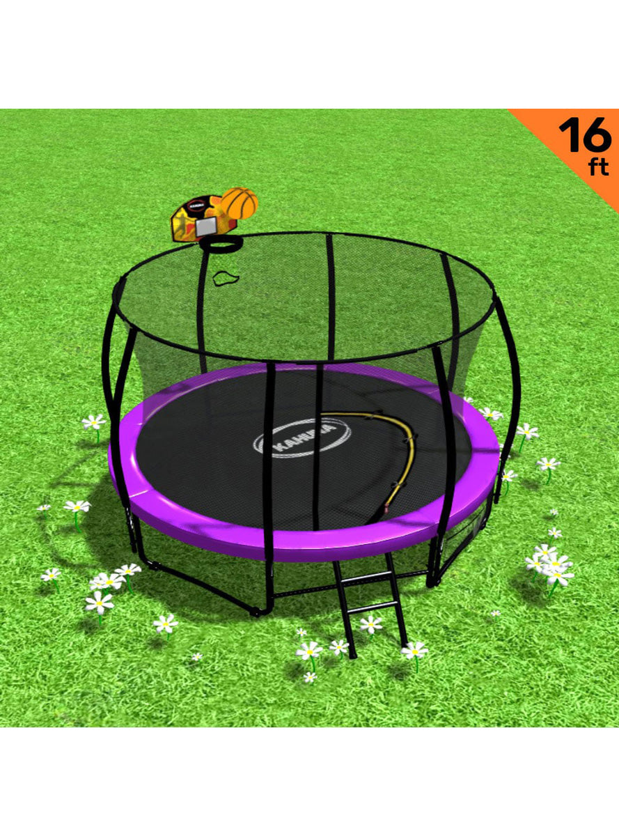 Kahuna 16ft round trampoline with purple padding, safety net and basketball hoop - information main image
