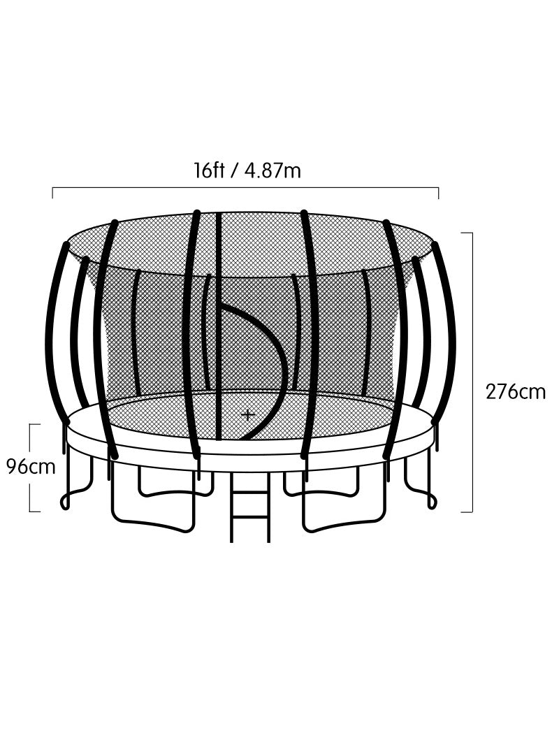 Kahuna 16ft round trampoline with rainbow padding and safety net - dimensions image