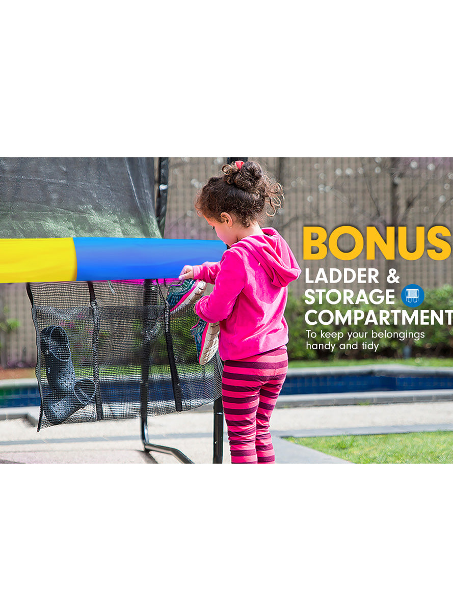 Kahuna 16ft round trampoline with rainbow padding and safety net - info image 5