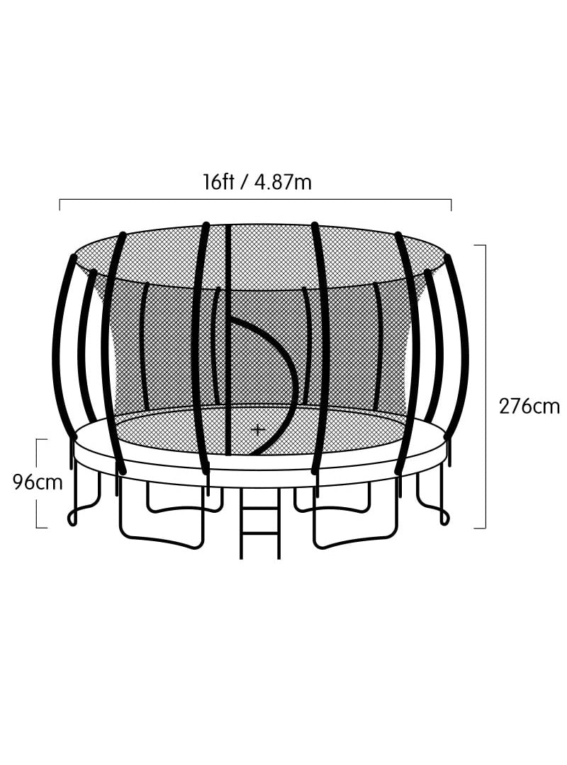 Kahuna 16ft round trampoline with rainbow padding, safety net and basketball hoop - dimensions image