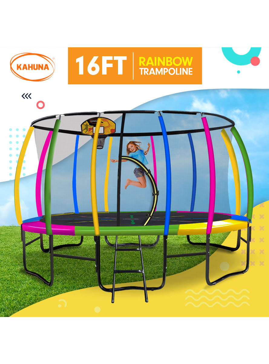 Kahuna 16ft round trampoline with rainbow padding, safety net and basketball hoop - info image 2