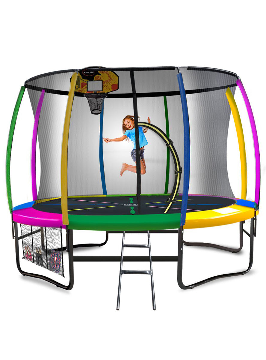 Kahuna 16ft round trampoline with rainbow padding, safety net and basketball hoop - main image