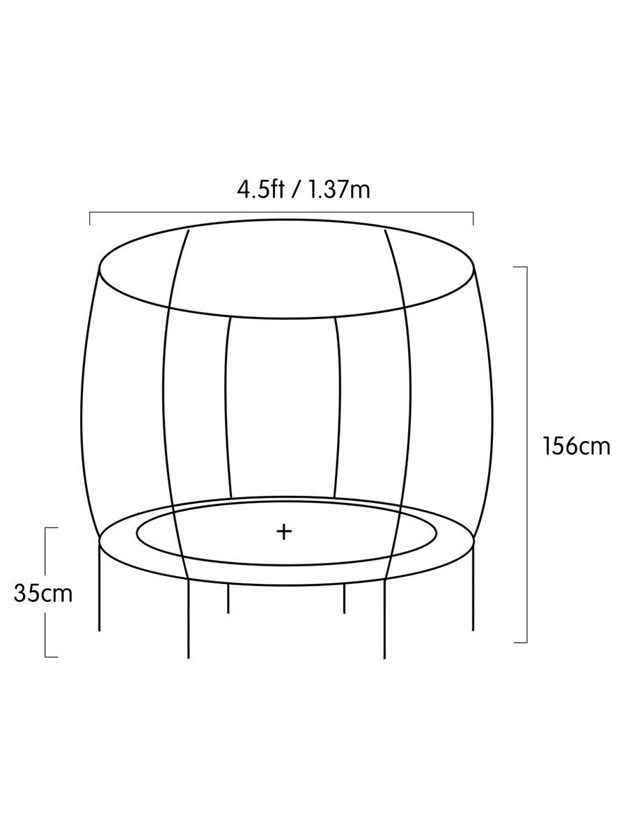 Kahuna 4ft round trampoline with blue and purple padding, safety net and spring pad - dimensions image