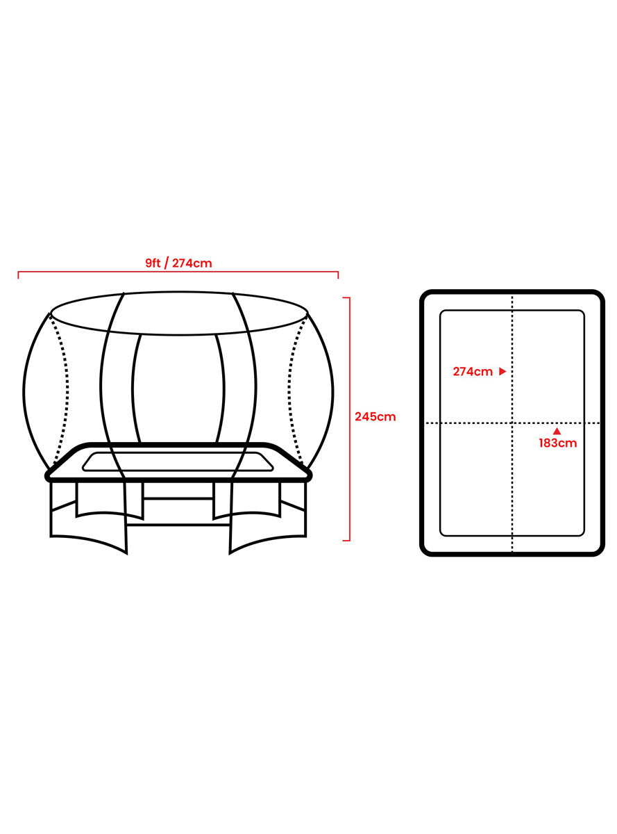 Kahuna 6ft by 9ft rectangular trampoline with basketball hoop, safety net and orange padding - dimensions image
