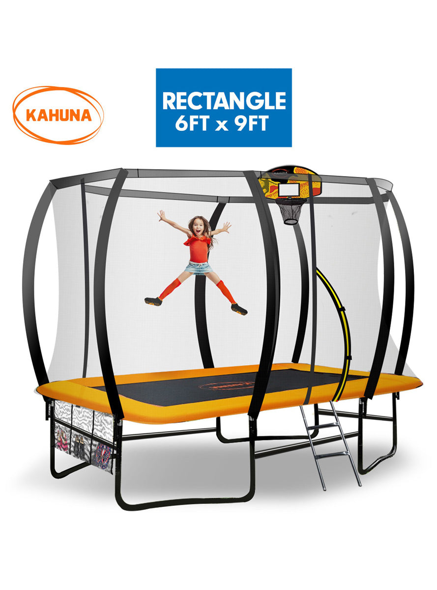 Kahuna 6ft by 9ft rectangular trampoline with basketball hoop, safety net and orange padding - info image 1
