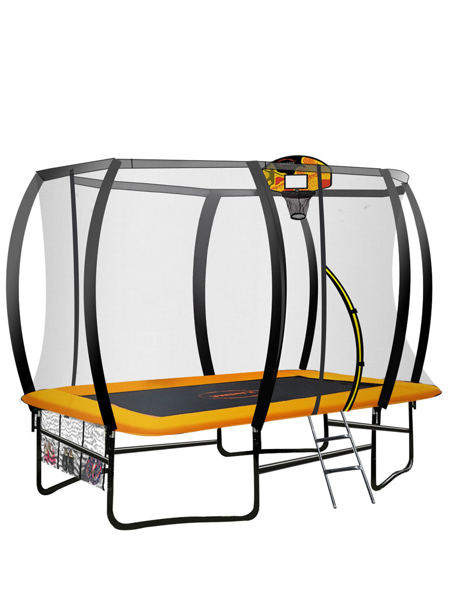 Kahuna 6ft by 9ft rectangular trampoline with basketball hoop, safety net and orange padding - main image
