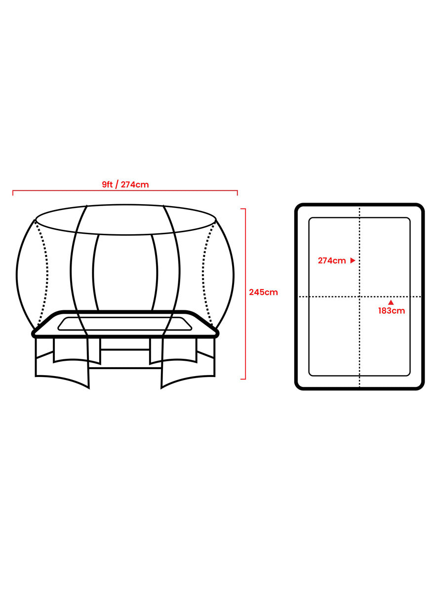 Kahuna 6ft by 9ft rectangular trampoline with safety net and orange padding - dimensions image