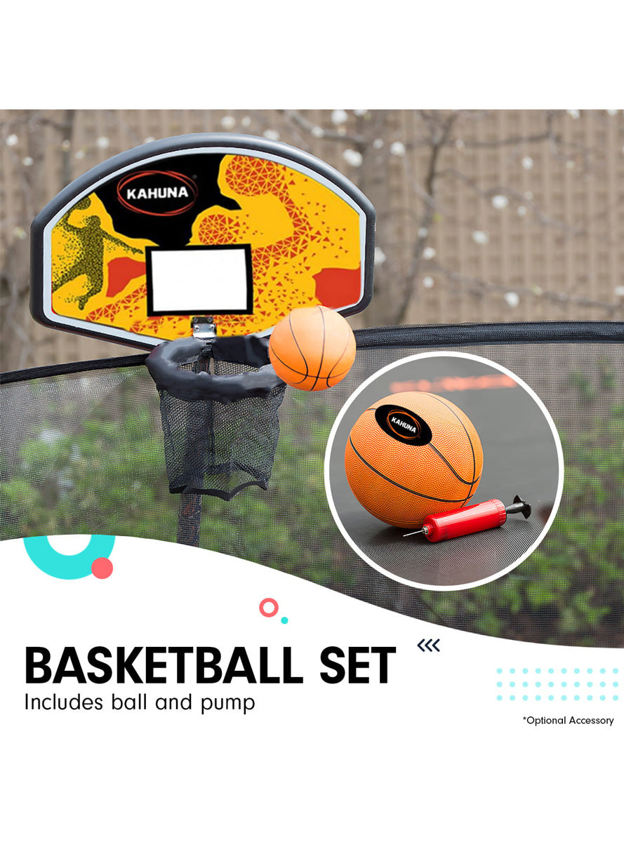 Kahuna 6ft by 9ft rectangular trampoline with rainbow padding, safety net and basketball hoop - info image 5