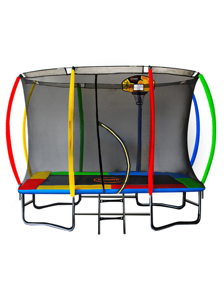 Kahuna 6ft by 9ft rectangular trampoline with rainbow padding, safety net and basketball hoop - main image