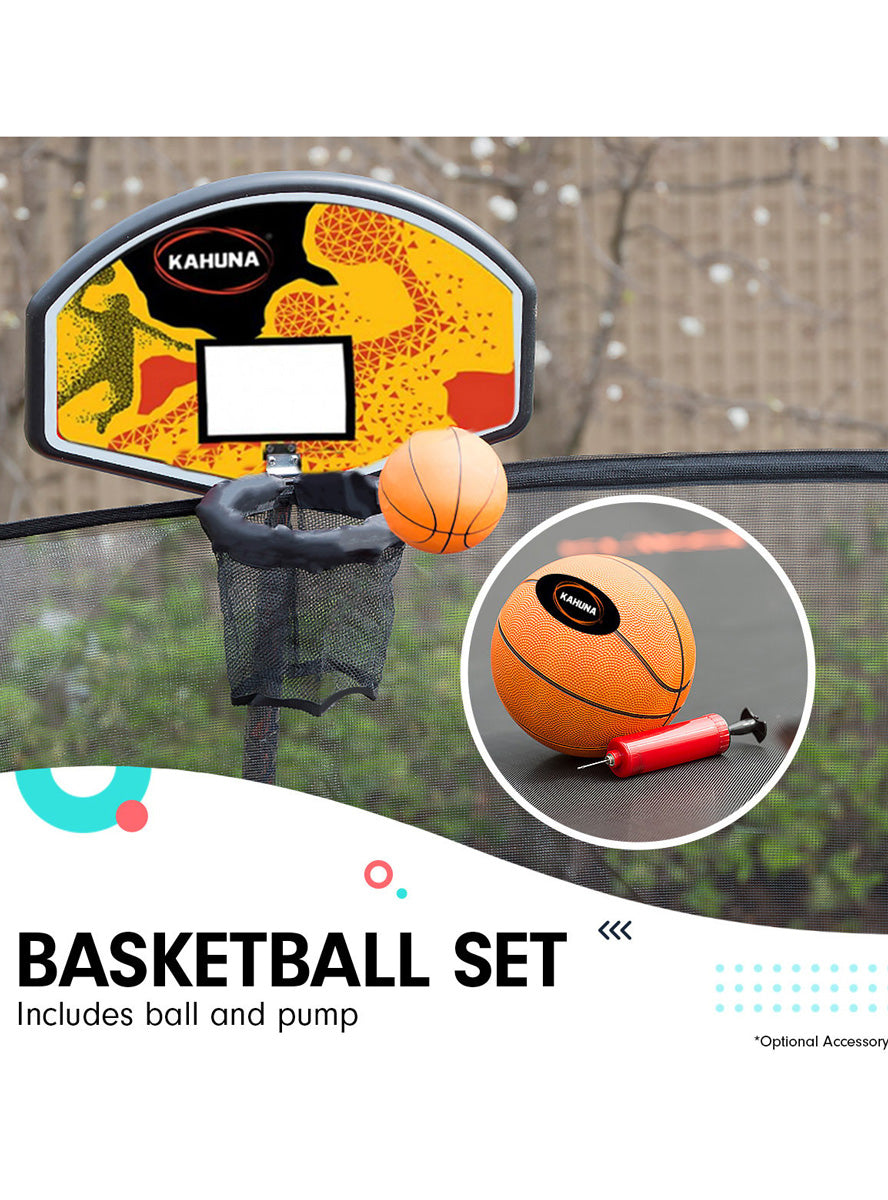 Kahuna 8ft by 11ft rectangular trampoline with basketball hoop, safety net and orange padding - info image 6